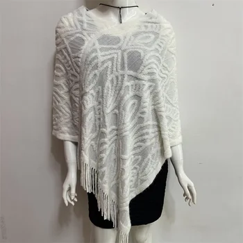 Новый свитер Qixi, связанный крючком, с кисточками, Полая, неправильной формы, накидка средней длины, шаль, однотонный белый свитер