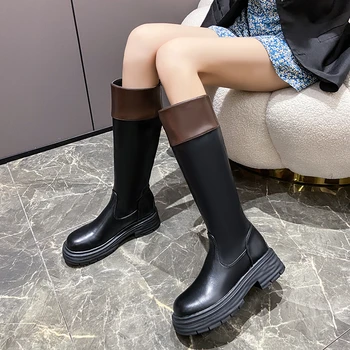 Новые женские сапоги до икр 2023, зимние теплые модные дизайнерские ботинки на платформе, нескользящие Женские ботинки с круглой застежкой-молнией сзади большого размера