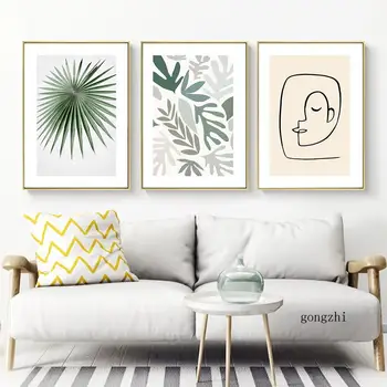 Скандинавский абстрактный плакат с линией лица, Зеленые листья растений, картины на холсте, современные минималистичные настенные рисунки, декор гостиной