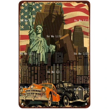 Нью-Йоркское такси, Флаг Америки, Небоскреб, Свобода передвижения, Статуя Свободы, старинные металлические вывески для кафе, баров, пабов