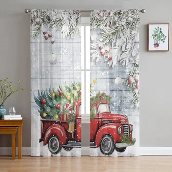 Рождественский грузовик с еловыми листьями и ягодами, Деревянная доска, прозрачная занавеска на окно, тюлевые занавески для гостиной, спальни, домашний декор, Вуалевые шторы