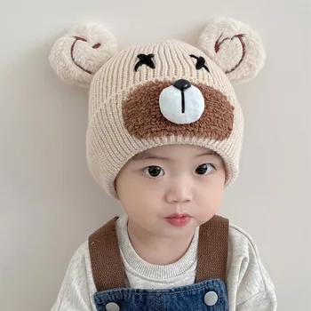 Детские осенне-зимние вязаные шапки для мальчиков и девочек, теплая шерсть, капюшон с милым медвежонком, защита ушей и тепло.