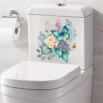 Наклейки на крышку унитаза с цветами, Водонепроницаемые съемные наклейки на стену в ванной с рисунком бабочки, Декор ванной комнаты, туалета