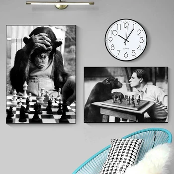 1 шт. Черно-белый художественный плакат с изображением шимпанзе, Курящая обезьяна, играющая в шахматы, Настенное искусство, Декоративная картина на холсте, Человек и животное Пи