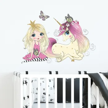 Наклейка на стену с принтом принцессы и единорога для девочек с рисунком принцессы и Единорога на заднем плане для украшения стен