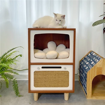 Винтажный телевизор, общий шкаф для человека и кошки, всесезонная универсальная двухслойная кровать для кошки, шкаф для кошки из сизалевой доски