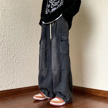 Винтажная модная уличная одежда, Мешковатые джинсы-карго для мужчин, прямые широкие брюки с высокой талией, мужские Свободные джинсовые брюки, Новинка 2023 года