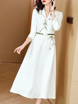 Белая шикарная вышивка с принтом Повседневная женская одежда Осень-зима Облегающее длинное платье с длинным рукавом 2023 Винтажные фестивальные платья