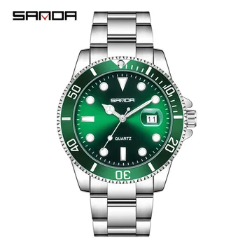 SANDA 1099 Мужские Кварцевые Часы Роскошная Мода Зеленый Указатель Даты с Ремешком из Нержавеющей Стали Наручные Часы для Подарка Мужским Часам