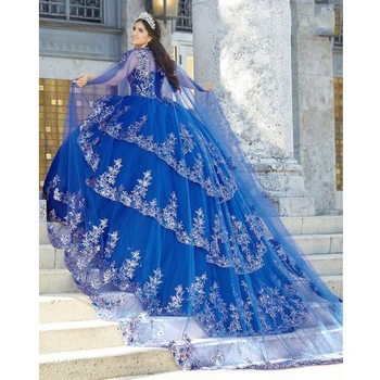 Lorencia Royal Blue Блестящее Бальное Платье Quinceanera С Золотистыми Кружевными Аппликациями И Бусинами С Накидкой Sweet 16 15 Vestidos De 15 Años YQD553