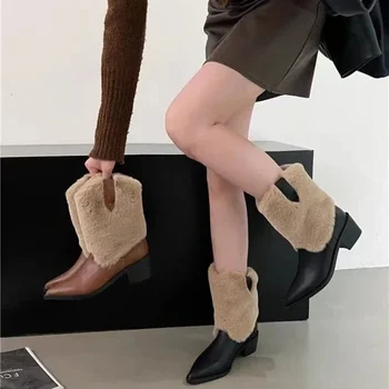 Женские Меховые ботинки на среднем Каблуке С Острым Носком, Короткие Плюшевые Ботинки 