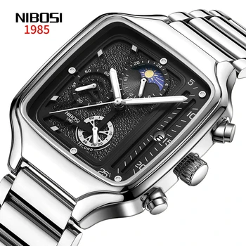 NIBOSI Модные кварцевые часы с квадратным хронографом из нержавеющей стали, водонепроницаемые, с датой фазы Луны, мужские часы Relogio Masculino