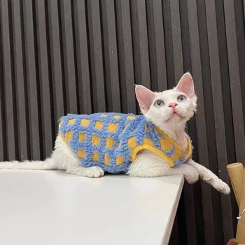 Новая осенне-зимняя одежда для домашних животных, теплый клетчатый жилет, безволосая кошка, Немецкая кудрявая кошка