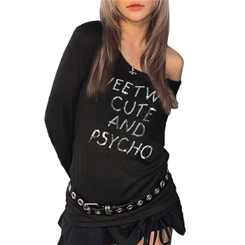Готические топы, эстетическая одежда y2k, женская футболка с длинным рукавом и буквенным принтом с открытыми плечами, одежда 2000-х, уличная одежда