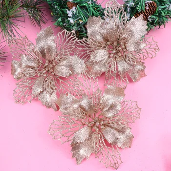 Блестящие цветы пуансеттии, полые искусственные цветы, Рождественская елка, подвесная подвеска, Рождественский елочный венок, подвеска