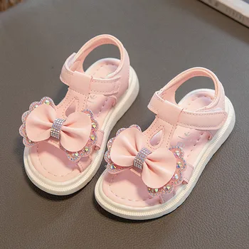 Летние сандалии Принцессы для девочек, Корейский стиль, обувь для танцев со стразами и бантом, тренд 2024 года, Модная обувь для вечеринки, дня рождения, детская