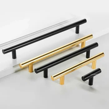 Ручка шкафа Т-образного черно-золотистого цвета из матовой нержавеющей стали, дверная ручка кухонного шкафа, ручка для выдвижного ящика мебели, ручка для перекладины