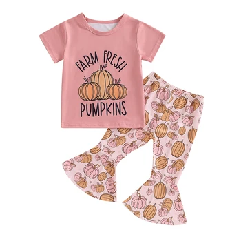 Комплекты брюк на Хэллоуин для маленьких девочек, топы с короткими рукавами и буквенным принтом Тыквы, комплекты расклешенных брюк