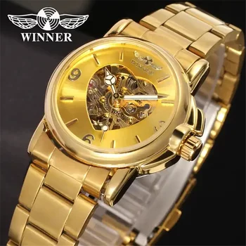 Автоматические механические часы Winner 203 Fashion Skeleton для женщин, женские часы Love Luxury Brand, золотые, самые продаваемые новинки