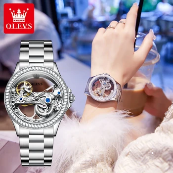 Женские автоматические часы OLEVS, полностью выдалбливают женские водонепроницаемые часы, Роскошные Женские механические наручные часы с бриллиантовым кругом, Новые