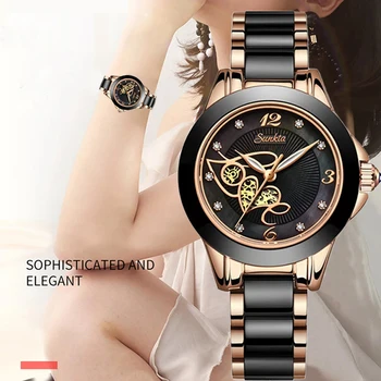 Роскошные женские часы SUNKTA от бренда LIGE, черные керамические водонепроницаемые кварцевые часы с бриллиантами для женщин, наручные часы Relogios Feminino
