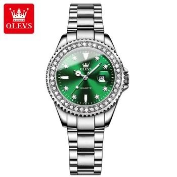 OLEVS 9945 Часы Женские круглые зеленые Модные роскошные брендовые женские часы из нержавеющей стали с простым кварцем, высококачественные повседневные часы