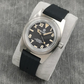 38 мм арочное стекло BLIGER, автоматический механизм NH35, повседневные мужские часы, черный циферблат, резиновый черный ремешок, светящиеся мужские часы