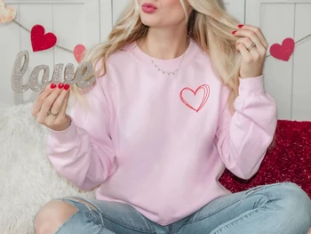Толстовка с сердечком, Милая рубашка на День Святого Валентина, Минималистичная футболка для влюбленных с круглым вырезом, Кавайный пуловер для влюбленных
