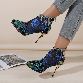 Новые туфли на высоком каблуке большого размера в винтажном стиле с вышивкой из сетки Baotou на тонком каблуке