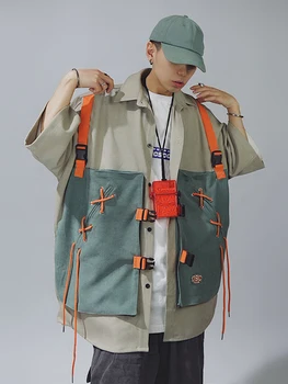 Летняя модная рабочая одежда в стиле хип-хоп, рубашка с короткими рукавами, свободный жилет из двух частей большого размера, мужской жилет с короткими рукавами