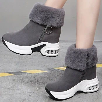 Женская обувь 2023, модные зимние плюшевые Теплые женские ботинки, однотонная обувь из флока с круглым носком, на молнии и платформе, Водонепроницаемая женская обувь