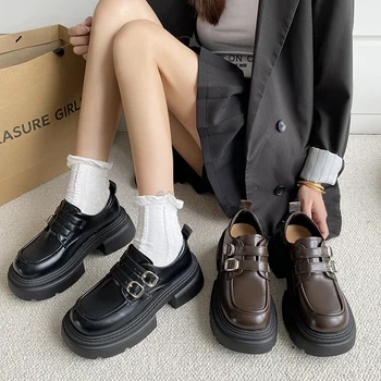 Женские черные туфли на плоской подошве; Оксфорды; Женская обувь; Осенние сабо в британском стиле с закрытым носком; Повседневные кроссовки на платформе с круглым носком; Lo