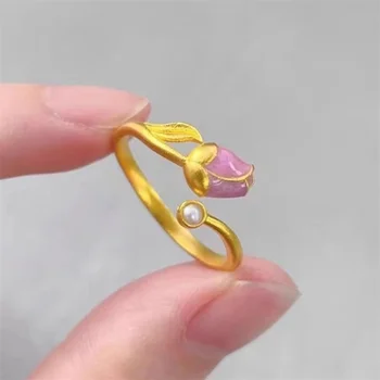 Роскошные кольца с цветами тюльпана для женщин, Темперамент, жемчуг, регулируемые открывающиеся бусины, кольцо для девочек, Элегантные украшения для свадебной вечеринки, подарки