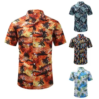 Летняя рубашка в полоску с цветочным принтом в стиле ретро Для мальчиков, Большие Размеры, Мужские Рубашки с коротким рукавом в кубинском гавайском стиле с рисунком пальмы Xxl