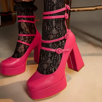 Темно-розовые туфли-лодочки Mary Jane на платформе, туфли на массивном каблуке с квадратным носком и ремешками, милое женское сексуальное платье, модные резиновые туфли для вечеринок