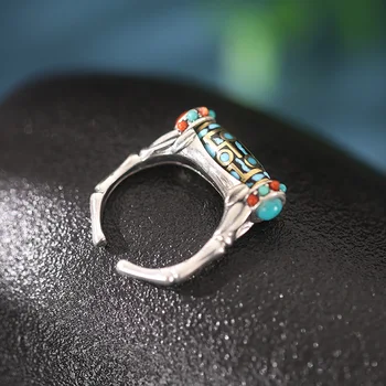 Серебряное кольцо Tianzhu из стерлингового серебра S925 пробы с бирюзовым женским вращающимся бамбуковым узлом в ретро-тибетском этническом стиле, роскошное кольцо высокого класса
