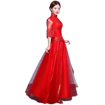 Традиционное Восточное Свадебное платье, китайский старинный Женский Красный Ципао, Винтажный Азиатский свадебный костюм Невесты Чонсам