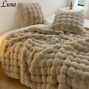 Плюшевое одеяло из искусственного меха кролика, теплое Зимнее одеяло, удобные одеяла, Роскошная кровать, теплый чехол для дивана, плед и наволочка