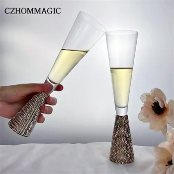 2шт 150 мл Флейты для шампанского со стразами Свадебный бокал для тостов для жениха и невесты, Бриллиантовые бокалы для вина, подарки из стеклянной посуды на длинной ножке