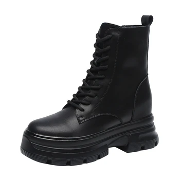 Женские короткие ботинки из натуральной кожи длиной 8 см, Мотоциклетные черные ботильоны в стиле панк Mart, Обувь на платформе и каблуке, теплые зимние ботинки