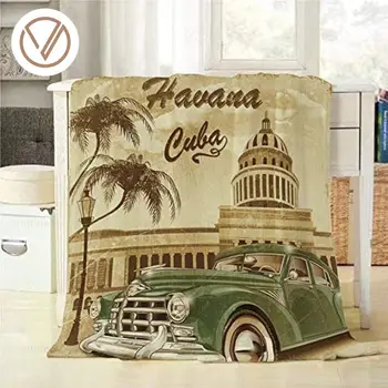 Гавана, Куба, плед, ретро-плакат со старинным старым зеленым автомобилем, декоративные Мягкие теплые уютные фланелевые плюшевые пледы