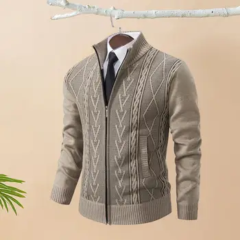 Стильная мужская куртка, уютный кардиган с отворотом и воротником на молнии, модный мужской свитер на осень/ зиму, приталенный, утолщенный, повседневный