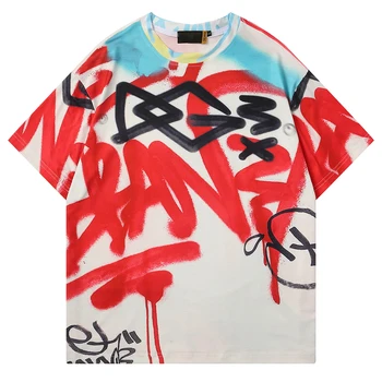Мужская футболка с коротким рукавом и буквенным граффити с цифровой печатью 2023, молодежная модная футболка с круглым вырезом, европейский уличный тренд лета