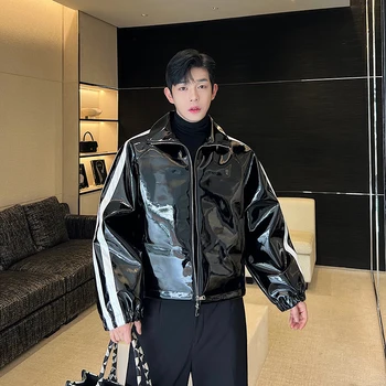SYUHGFA Мужская одежда Куртка из искусственной кожи на молнии Корейская мода 2024 Осень Зима Белое Черное пальто в стиле пэчворк для мужчин