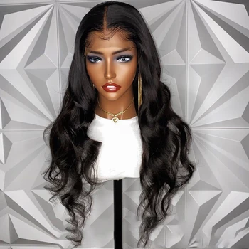 Предварительно сорванный черный Объемный волнистый Бесклеевой парик из синтетических волос на кружеве спереди для чернокожих женщин с линией роста волос из высокотемпературного волокна для косплея