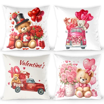 Наволочка на День Святого Валентина 45x45 см, льняная наволочка, подарок в виде розово-красного сердечка с мишкой, украшение дома для дивана, декор кровати в комнате