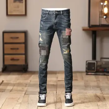 2023 Модные осенние Мужские джинсы с вышивкой, Корейские эластичные брюки для ног, рваные мужские обтягивающие джинсы, мужская одежда