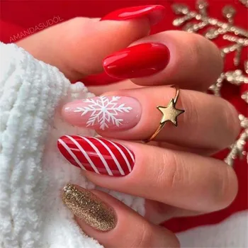24шт Рождественские Красные Розовые накладные ногти в виде снежинок, Французские накладные ногти с золотым блеском, длинные Миндалевидные ногти с полным покрытием, кончики ногтей нажимаются