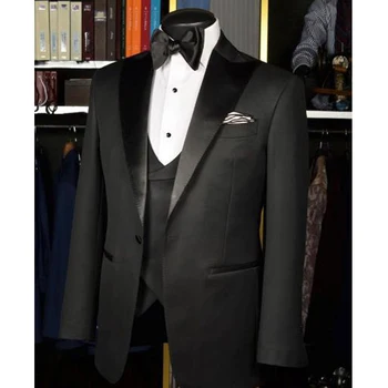 Черный мужской костюм для похудения Свадебные смокинги для жениха, 3 предмета, Комплект официальных деловых мужских костюмов на заказ, куртка, жилет, Брюки, мужская мода