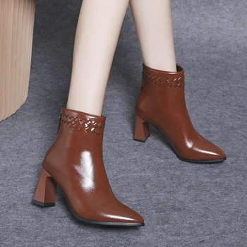 Осень 2024, Зимние женские элегантные черно-коричневые дизайнерские женские ботинки, женские ботинки 